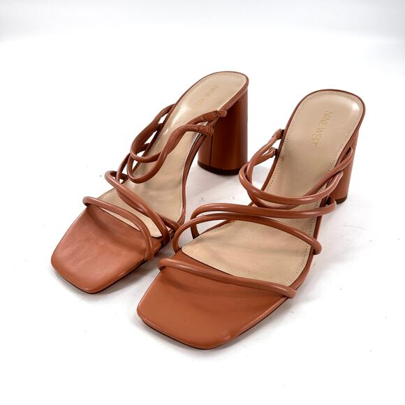 Nine West Getcha Heels 12 Tan NWOT Sandals Mules Strappy Block Heel 90s Y2K - Picture 3 of 6